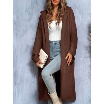 Saodimallsu Womens Oversized Long Cardigan Hooded Chunky Knit Open Front Sweaters with Pockets Brown