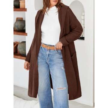 Saodimallsu Womens Oversized Long Cardigan Hooded Chunky Knit Open Front Sweaters with Pockets Brown