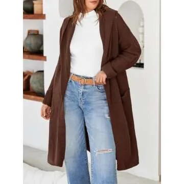 Saodimallsu Womens Oversized Long Cardigan Hooded Chunky Knit Open Front Sweaters with Pockets Brown