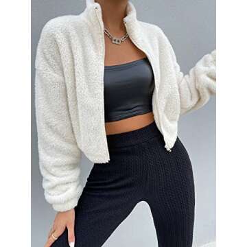 SOLY HUX Women's 2024 Casual Faux Fur Sherpa Jacket Zip Up Drop Shoulder Fuzzy Coat Cropped Winter Spring Outwear Jacket Solid Beige L