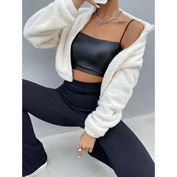 SOLY HUX Women's 2024 Casual Faux Fur Sherpa Jacket Zip Up Drop Shoulder Fuzzy Coat Cropped Winter Spring Outwear Jacket Solid Beige L