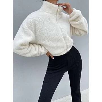 SOLY HUX Women's 2024 Casual Faux Fur Sherpa Jacket Zip Up Drop Shoulder Fuzzy Coat Cropped Winter Spring Outwear Jacket Solid Beige L