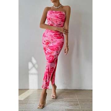 PRETTYGARDEN Women's Summer Maxi Bodycon Dresses Strapless Tube Top Printed Long Party Club Slit Dress (Print Pink,Medium)