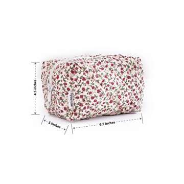 LYSANDE Floral Puffy Quilted Makeup Bag, Toiletry Tote, Cosmetics Pouch, Quilted Tote Floral, Floral Cosmetic Bag (2 x Red Flowers)