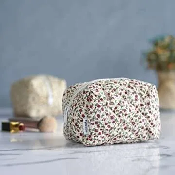 LYSANDE Floral Puffy Quilted Makeup Bag, Toiletry Tote, Cosmetics Pouch, Quilted Tote Floral, Floral Cosmetic Bag (2 x Red Flowers)