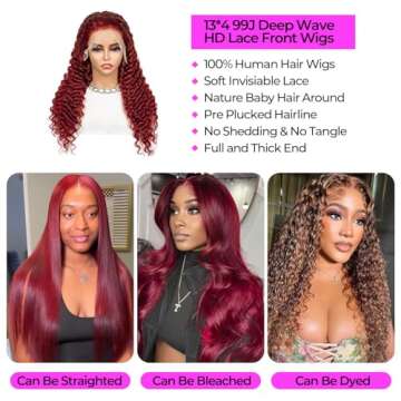 Gozebu 99j Burgundy Lace Front Wigs Human Hair Pre Plucked 13x4 Deep Wave Lace Front Wigs Human Hair 24Inch Deep Curly Human Hair Lace Front Wigs 180% Density Glueless Wigs with Baby Hair (24 Inch)