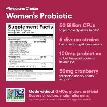 Physician's Choice Probiotics - PH Balance, Digestive, UT, & Feminine Health - 50 Billion CFU - 6 Unique Strains for Women - Organic Prebiotics, Cranberry Extract+ - Probiotic - 60 CT