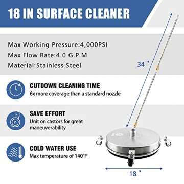 JANZ 18" Pressure Washer Surface Cleaner with 4 Wheels,1/4" Quick Plug,Stainless Steel Housing,2 Ext...