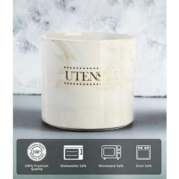 LYEOBOH Utensil Holder for Kitchen Counter, 6.7" Large Kitchen Utensil Holder, Heavy Cooking Utensil Crock Stable Ceramic Utensil Organizer for Kitchen Tools, Brown Marble Kitchen Decor