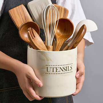 LYEOBOH Utensil Holder for Kitchen Counter, 6.7" Large Kitchen Utensil Holder, Heavy Cooking Utensil Crock Stable Ceramic Utensil Organizer for Kitchen Tools, Brown Marble Kitchen Decor