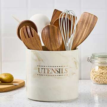 LYEOBOH Utensil Holder for Kitchen Counter, 6.7" Large Kitchen Utensil Holder, Heavy Cooking Utensil Crock Stable Ceramic Utensil Organizer for Kitchen Tools, Brown Marble Kitchen Decor