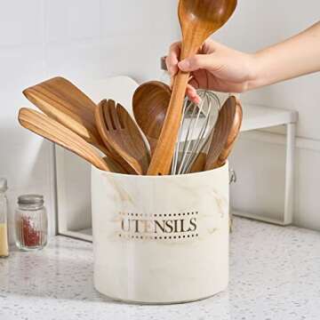 LYEOBOH Utensil Holder for Kitchen Counter, 6.7" Large Kitchen Utensil Holder, Heavy Cooking Utensil Crock Stable Ceramic Utensil Organizer for Kitchen Tools, Brown Marble Kitchen Decor