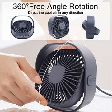 Desk Fan Portable Personal Table Small Desktop Cooling 3 Speeds Quiet Mini With Cable Powered by USB 360° Rotation Micro Fan for Home Office Bedroom Car Outdoor Camping Travel (Gray)