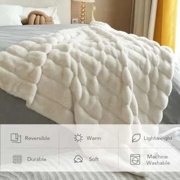 LuxenrelaX Cozy Blanket Faux Fur Throw Blanket for Couch Striped Fleece Blanket Fuzzy Super Soft Bed Blanket White Blanket Plush Warm Throw Blanket for Women Men Kids, Throw Size 50"x60", Ivory White