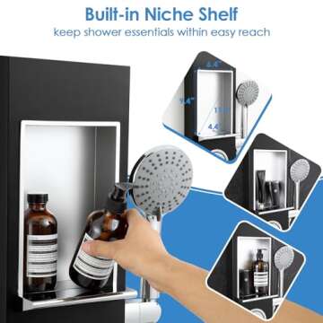 ROVOGO Shower Panel Tower System with Shelf, Adjustable Shower Arm, Rainfall Shower Head, Body Jets and Handheld, Thickened Shower Column with Safe Round Corners, Black Panel with Chrome Fixtures
