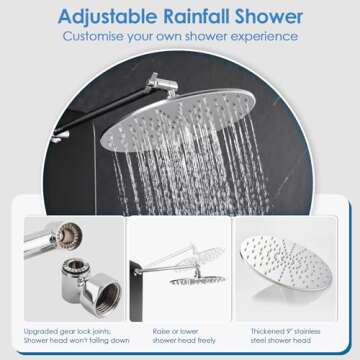 ROVOGO Shower Panel Tower System with Shelf, Adjustable Shower Arm, Rainfall Shower Head, Body Jets and Handheld, Thickened Shower Column with Safe Round Corners, Black Panel with Chrome Fixtures