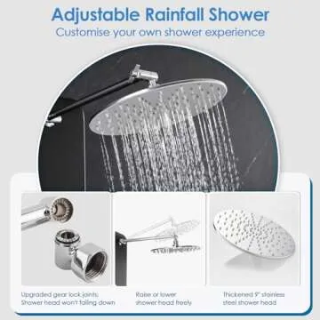 ROVOGO Shower Panel Tower System with Shelf, Adjustable Shower Arm, Rainfall Shower Head, Body Jets and Handheld, Thickened Shower Column with Safe Round Corners, Black Panel with Chrome Fixtures