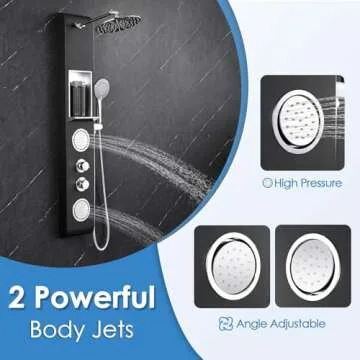 ROVOGO Shower Panel Tower System with Shelf, Adjustable Shower Arm, Rainfall Shower Head, Body Jets and Handheld, Thickened Shower Column with Safe Round Corners, Black Panel with Chrome Fixtures