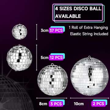54 Pcs Disco Ball, Hanging Disco Ball Decor Mini Silver Disco Ball Cake Topper Mirror Ball Decorations 71s Disco Themed Party Wedding Christmas Supplies