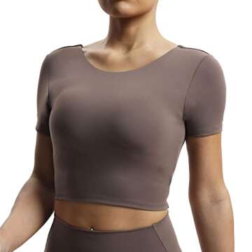 Aoxjox Short Sleeve Crop Tops for Women Emma Backless Twist Back Workout Cropped T Shirt Top (Fudge Coffee, X-Small)