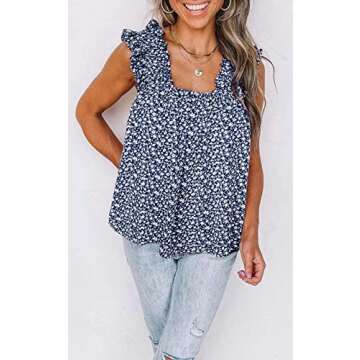 PRETTYGARDEN Boho Floral Tank Tops for Women, Shirred Straps Pleated Summer Casual Sleeveless Shirts Tops Beach Blouses (Light Blue, XX-Large)