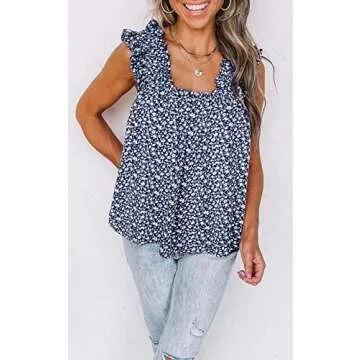 PRETTYGARDEN Boho Floral Tank Tops for Women, Shirred Straps Pleated Summer Casual Sleeveless Shirts Tops Beach Blouses (Light Blue, XX-Large)