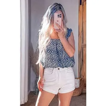 PRETTYGARDEN Boho Floral Tank Tops for Women, Shirred Straps Pleated Summer Casual Sleeveless Shirts Tops Beach Blouses (Light Blue, XX-Large)