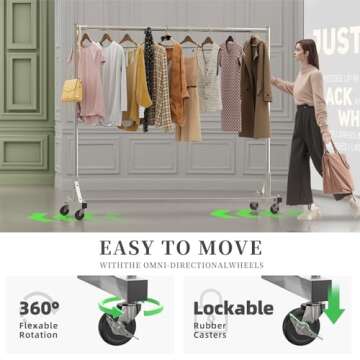 Simple Trending Industrial Grade Z Base 70in extra long Clothes Garment Rack, Commercial Grade Rolling Clothing Rack, Heavy Duty 600lb Load with Wheels, Chrome