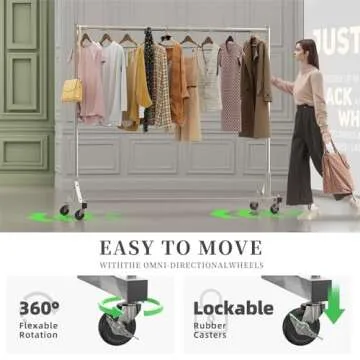 Simple Trending Industrial Grade Z Base 70in extra long Clothes Garment Rack, Commercial Grade Rolling Clothing Rack, Heavy Duty 600lb Load with Wheels, Chrome