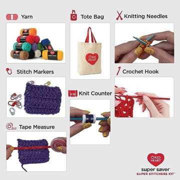 Red Heart Super Saver Yarn Stitchers Kit, 12 Balls, 1 Tote Bag, 1 Knitting Needle, 1 Crochet Hook, 1 Measuring Tape, 1 Knit Counter