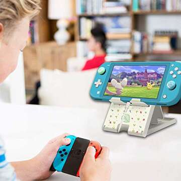 Busjoy Stand for Nintendo Switch, Steam Deck, Switch OLED, Switch Lite, Cute Game Theme for Animal Crossing, Angle Adjustable Holder, Portable Foldable Non-Slip Bracket-White