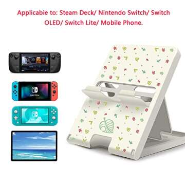 Busjoy Stand for Nintendo Switch, Steam Deck, Switch OLED, Switch Lite, Cute Game Theme for Animal Crossing, Angle Adjustable Holder, Portable Foldable Non-Slip Bracket-White