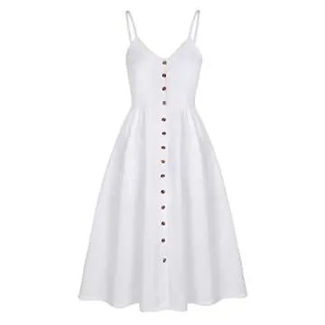 Angashion Women's Dresses-Summer Floral Bohemian Spaghetti Strap Button Down Swing Midi Dress White 1 L