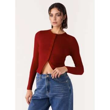 FIGKICKSEN Ribbed Long Sleeve Tops for Women Button Up Fall Going Out Button Down Open Front Slim Fit Casual Shirts Top