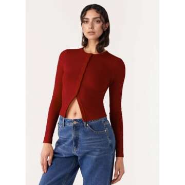 FIGKICKSEN Ribbed Long Sleeve Tops for Women Button Up Fall Going Out Button Down Open Front Slim Fit Casual Shirts Top