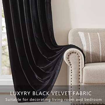 PRIMROSE Black Curtains 108 inch for Living Room Velvet Blackout Rod Pocket Window Drapes Treatment Semi Room Darkening Decor Curtains for Bedroom Set of 2 Panels