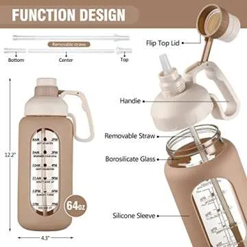 MUKOKO 64oz Glass Water Bottles with Straw, time marker, half gallon, Motivational large water bottle for Gym,Working,Outdoor,Amber with Silicone Sleeves