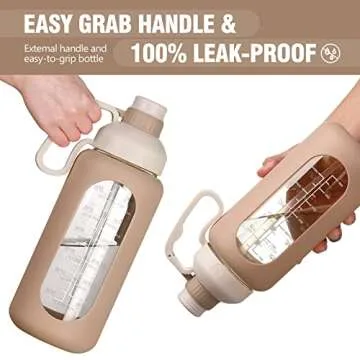 MUKOKO 64oz Glass Water Bottles with Straw, time marker, half gallon, Motivational large water bottle for Gym,Working,Outdoor,Amber with Silicone Sleeves