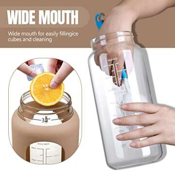 MUKOKO 64oz Glass Water Bottles with Straw, time marker, half gallon, Motivational large water bottle for Gym,Working,Outdoor,Amber with Silicone Sleeves