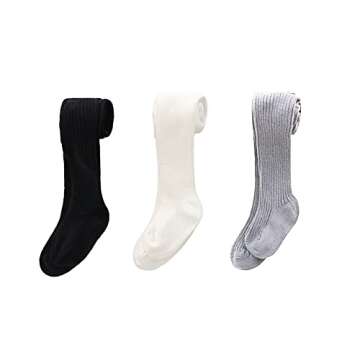 CECORC Baby Tights – Thick Toddlers Girl Leggings–Seamless Cable Knit Cotton Stockings – Infants Pantyhose 3 Pack, 12-24 Months, White+Black+Grey