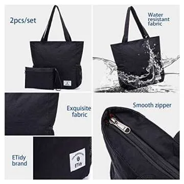 ETidy Large Capacity Foldable Tote Bag With Zipper Water-resistant Sandproof Women Beach Bag Handbag Gym Bag Travel Shopping Bag(Black)