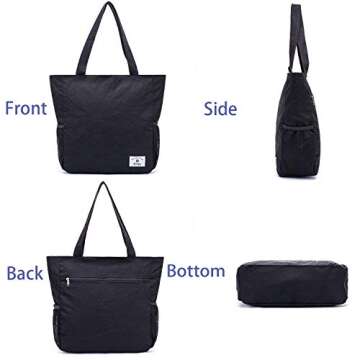 ETidy Large Capacity Foldable Tote Bag With Zipper Water-resistant Sandproof Women Beach Bag Handbag Gym Bag Travel Shopping Bag(Black)