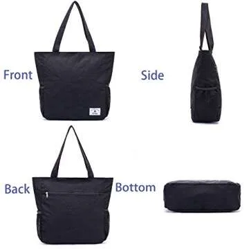 ETidy Large Capacity Foldable Tote Bag With Zipper Water-resistant Sandproof Women Beach Bag Handbag Gym Bag Travel Shopping Bag(Black)