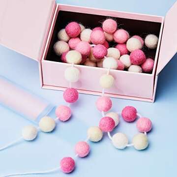 WILLBOND 3 Pieces Wool Felt Ball Garland Colorful Pom Pom 6.5 Ft Long 24 Ball Garland for Mardi Gras Halloween Thanksgiving Xmas Black History Month (Pink,Light Pink,Beige,White)