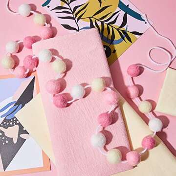 WILLBOND 3 Pieces Wool Felt Ball Garland Colorful Pom Pom 6.5 Ft Long 24 Ball Garland for Mardi Gras Halloween Thanksgiving Xmas Black History Month (Pink,Light Pink,Beige,White)