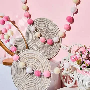 WILLBOND 3 Pieces Wool Felt Ball Garland Colorful Pom Pom 6.5 Ft Long 24 Ball Garland for Mardi Gras Halloween Thanksgiving Xmas Black History Month (Pink,Light Pink,Beige,White)