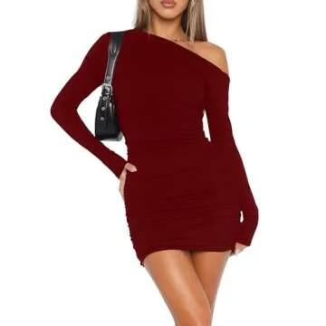 Mokoru Women's Sexy Elegant Off Shoulder Long Sleeve Ruched Bodycon Cocktail Party Mini Dresses, X-Large, Wine Red