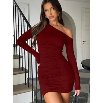 Mokoru Women's Sexy Elegant Off Shoulder Long Sleeve Ruched Bodycon Cocktail Party Mini Dresses, X-Large, Wine Red