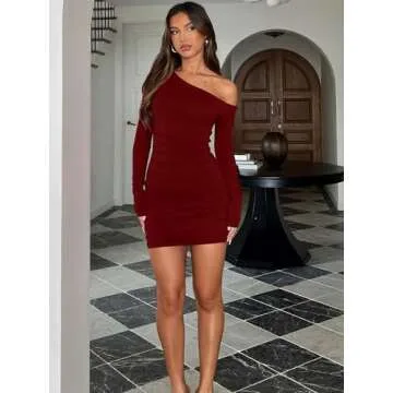 Mokoru Women's Sexy Elegant Off Shoulder Long Sleeve Ruched Bodycon Cocktail Party Mini Dresses, X-Large, Wine Red