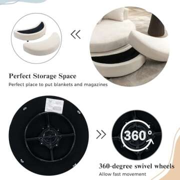 DEINPPA Swivel Book Nook Chair with Storage Ottoman and 4 Movable Pillow Backrest, 360° Rotating Round Barrel Sofa Chair for Living Room Hotel Bedroom Office Lounge (Cream + Chenille+ Foam)